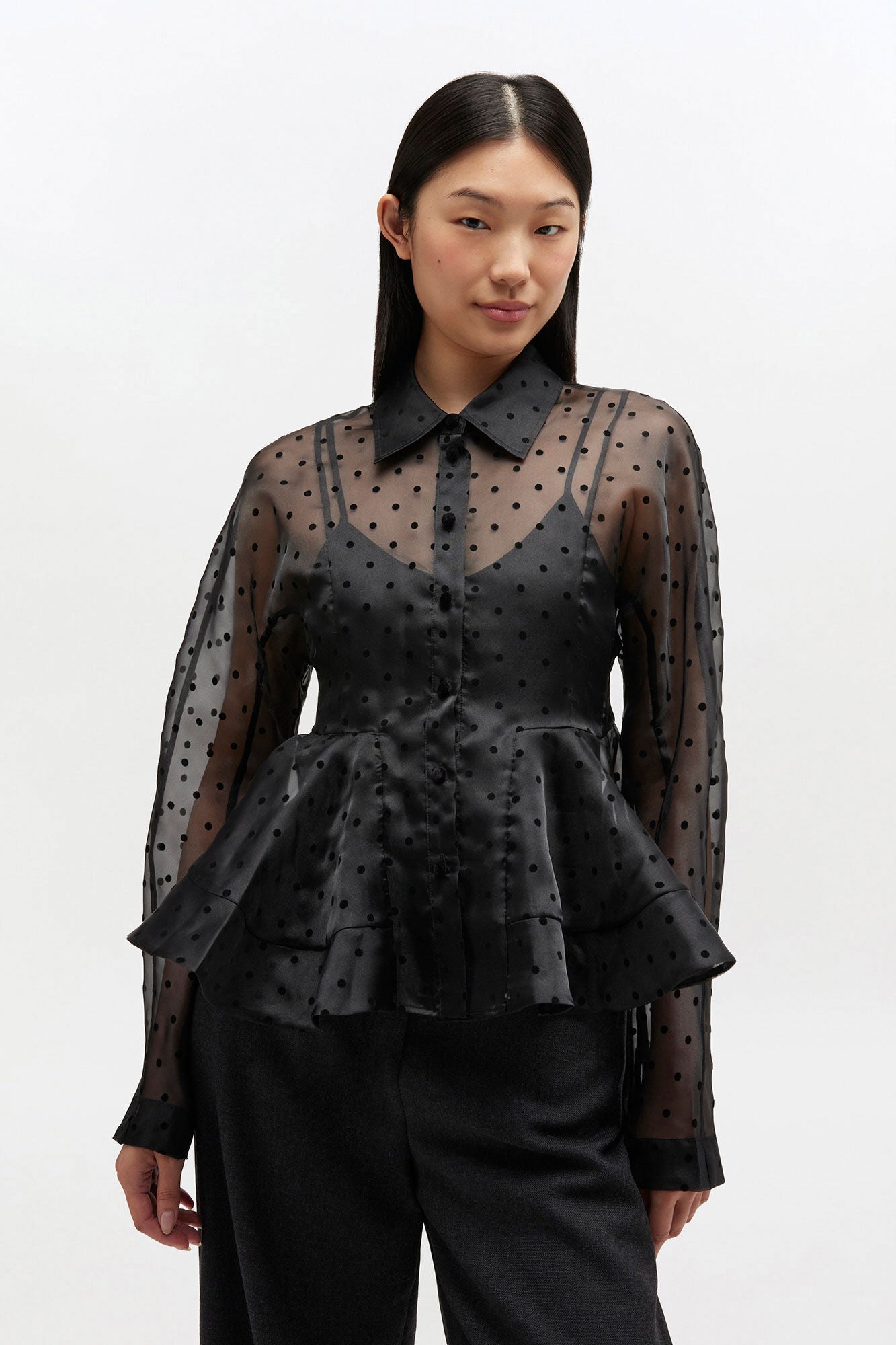 GANNI Hot Sale Black Organza Peplum Shirt