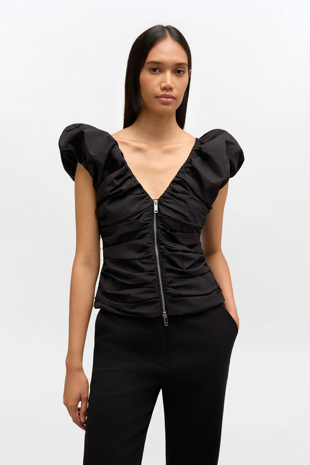 GANNI us Black Ruched Top
