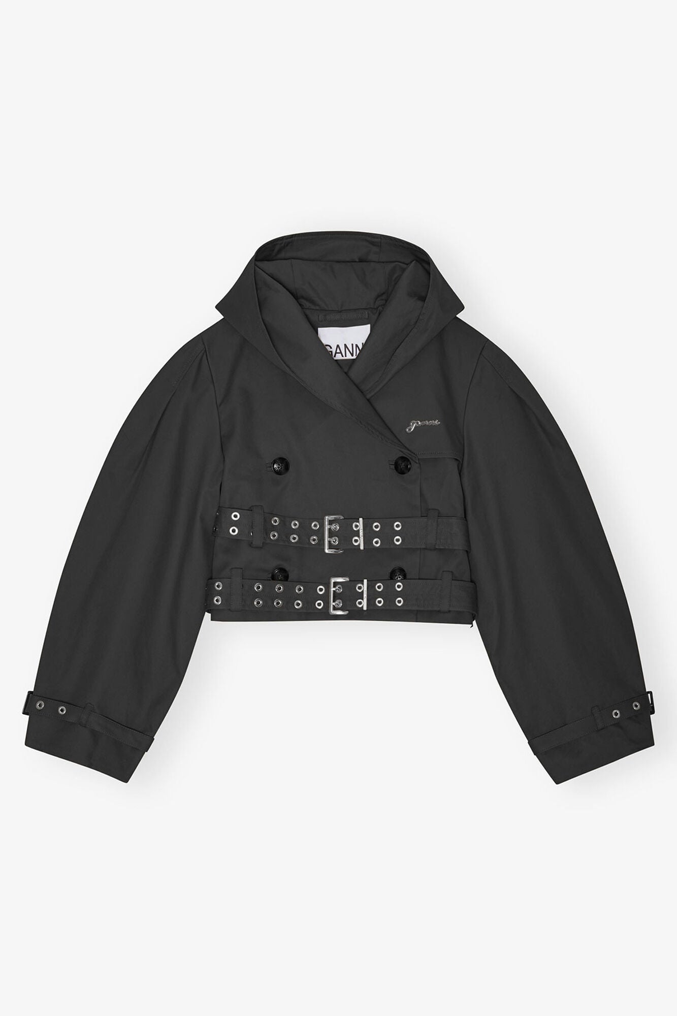 GANNI Hot Sale Black Bonded Cotton Short Trench Jacket