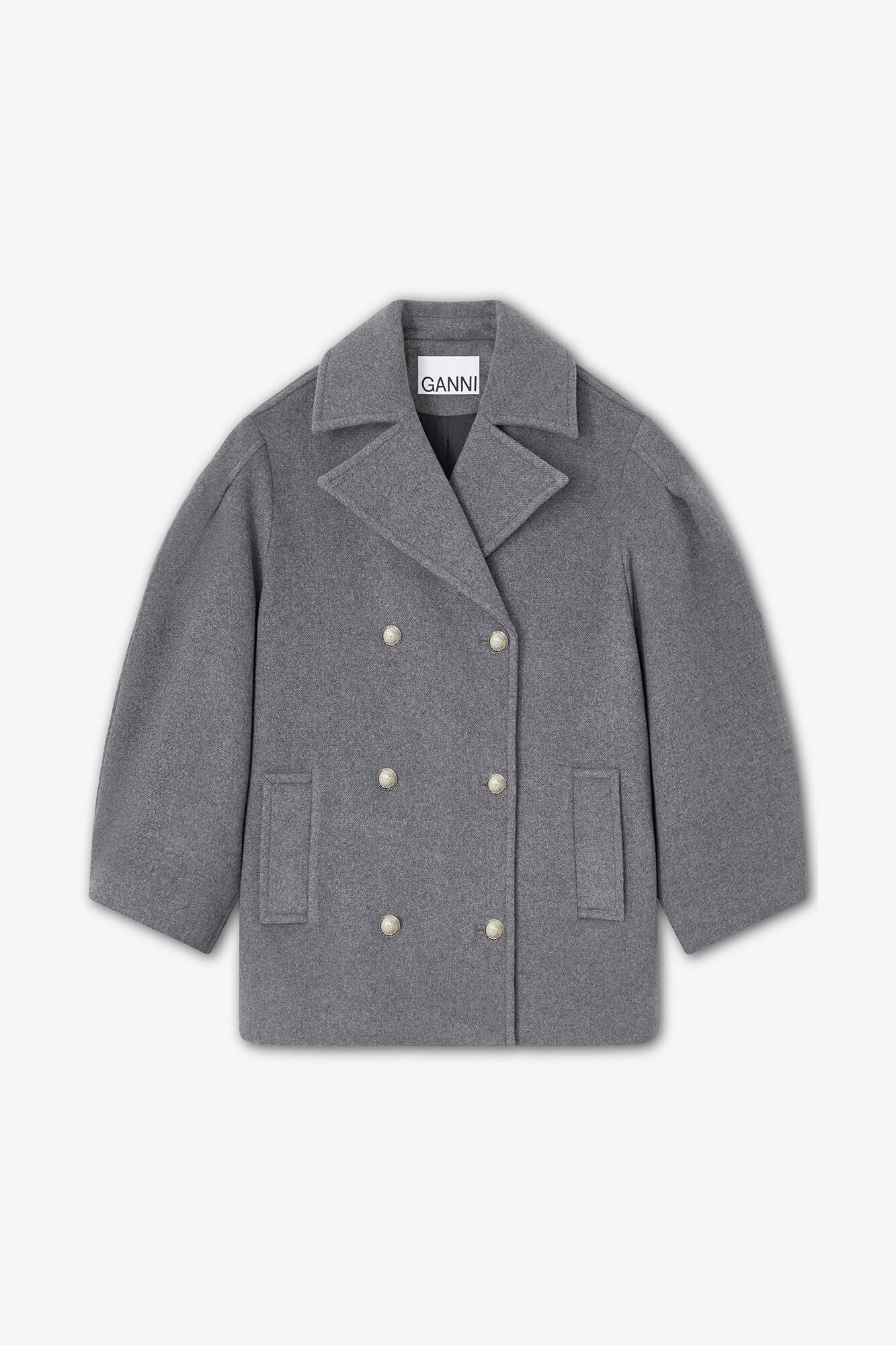 GANNI On Sale Grey Wool Oversized Midi Peacoat
