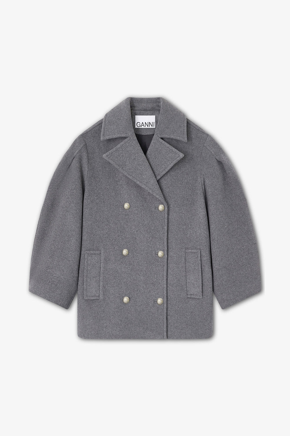 GANNI On Sale Grey Wool Oversized Midi Peacoat