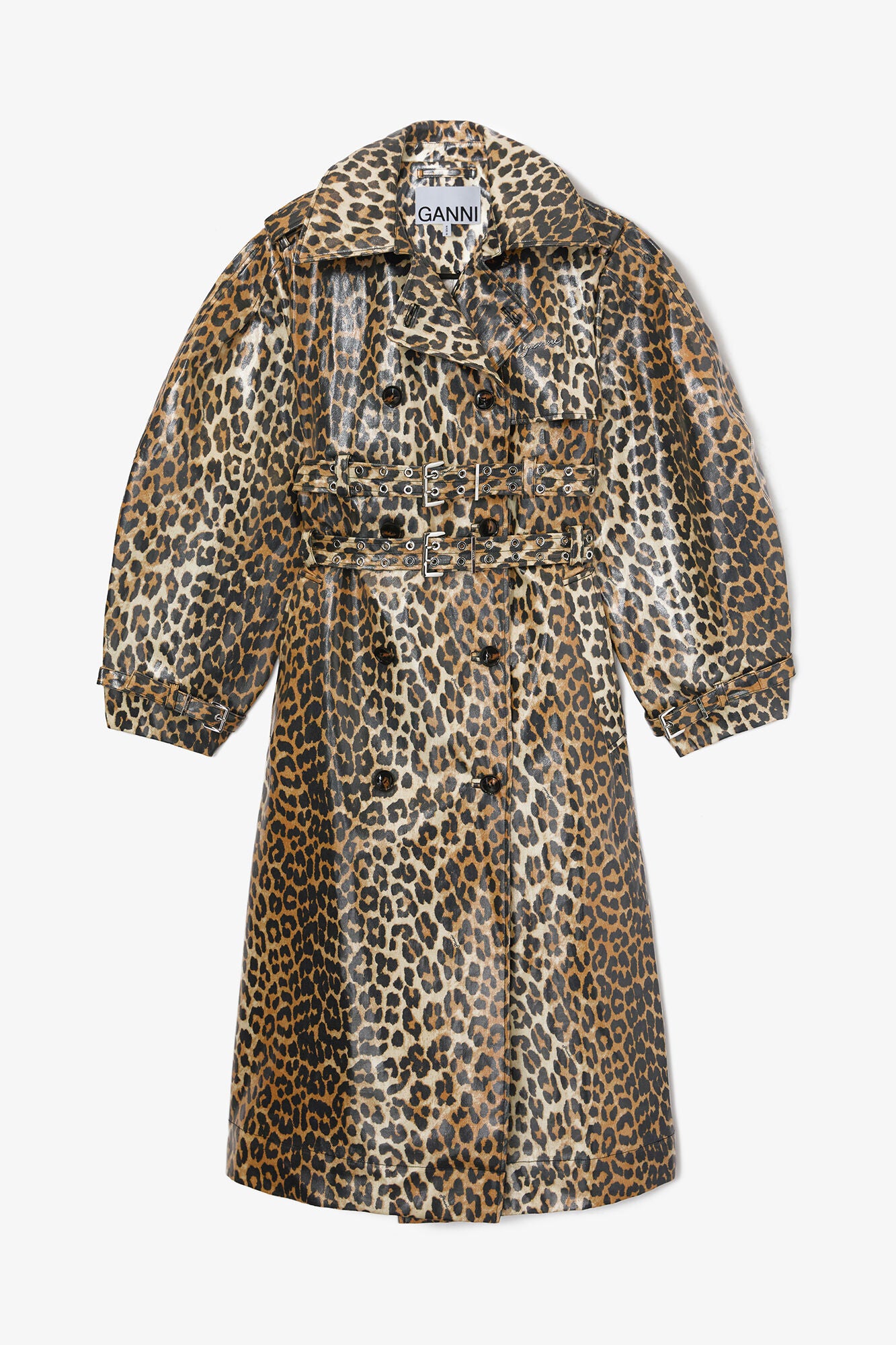 GANNI Hot Sale Leopard Laminated Cotton Trench Coat