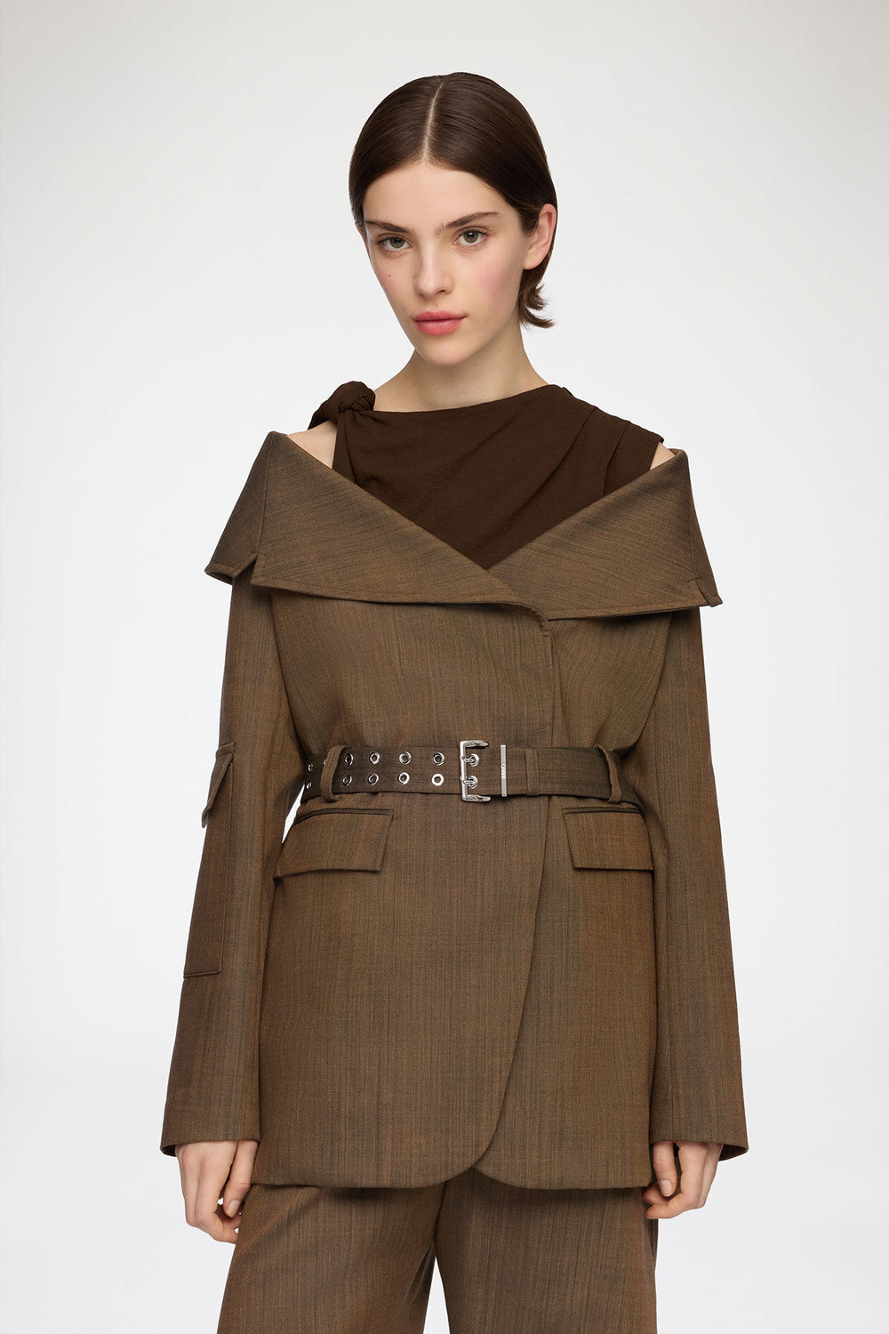 GANNI us Blazer in Brown Wool Melange