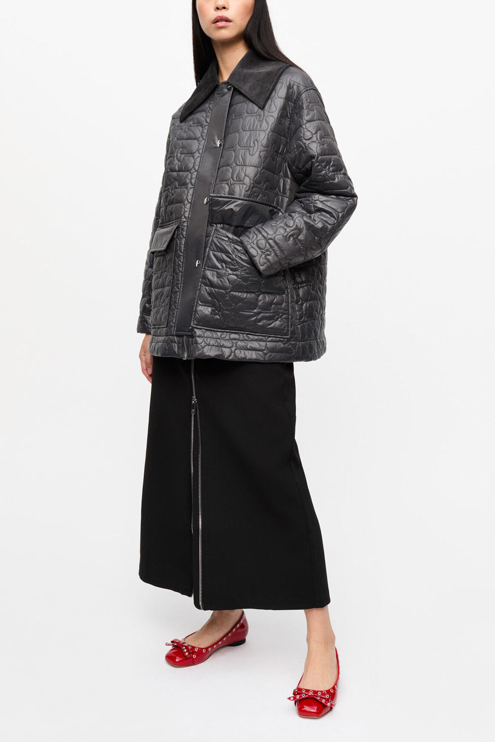 GANNI Discount Black Shiny Quilt Midi Jacket