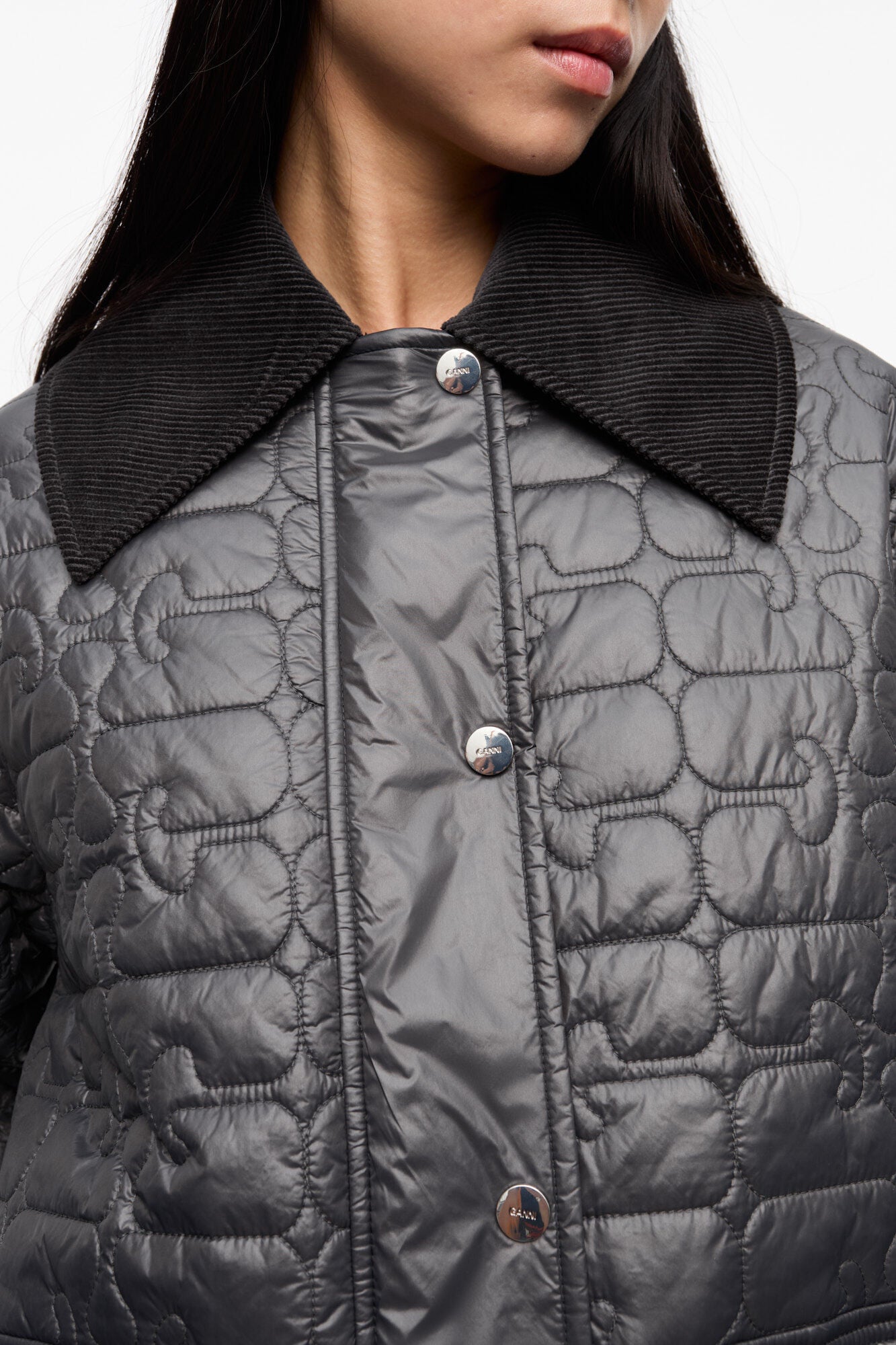GANNI Discount Black Shiny Quilt Midi Jacket