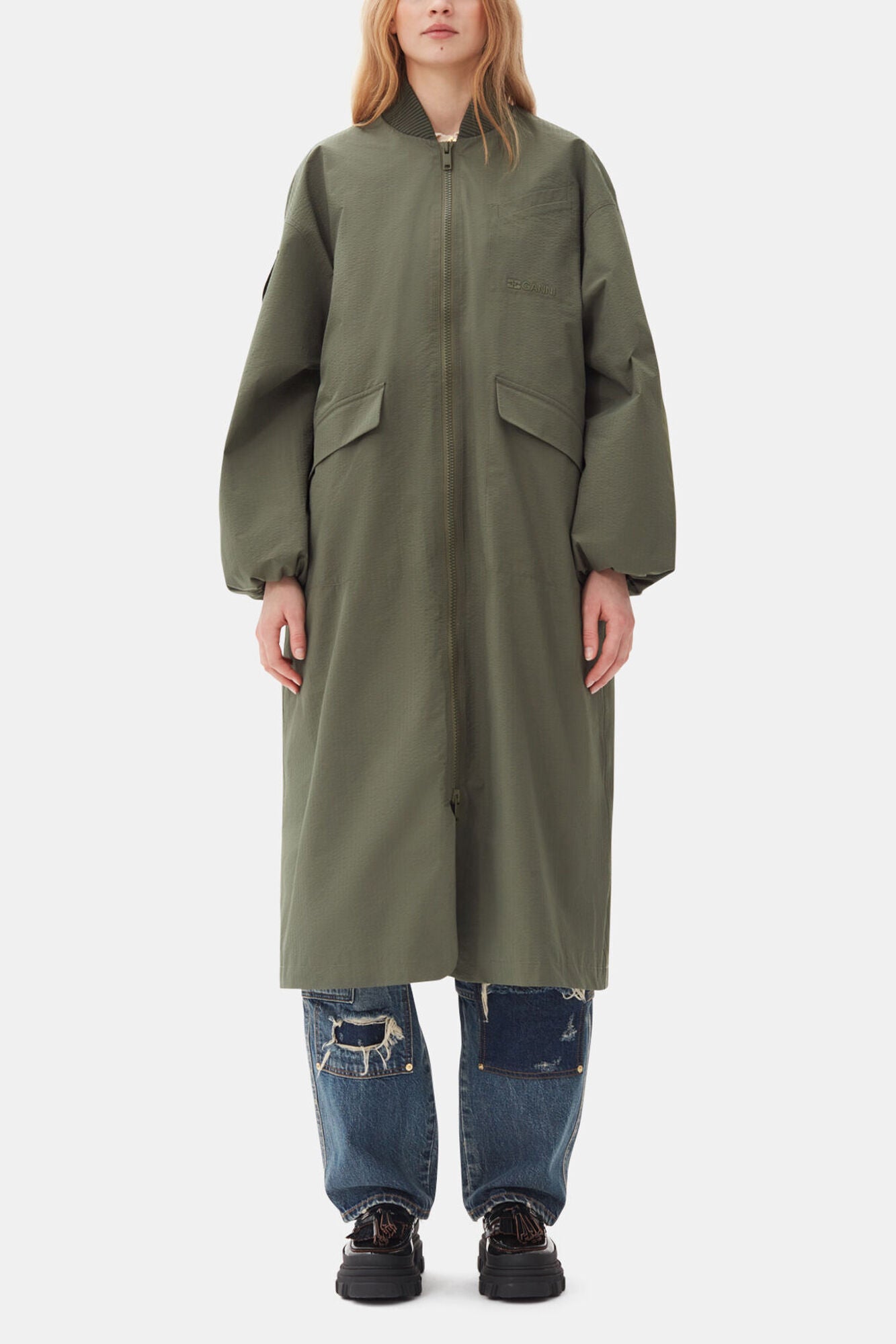 GANNI Outlet Green Tech Seersucker Oversized Shell Coat