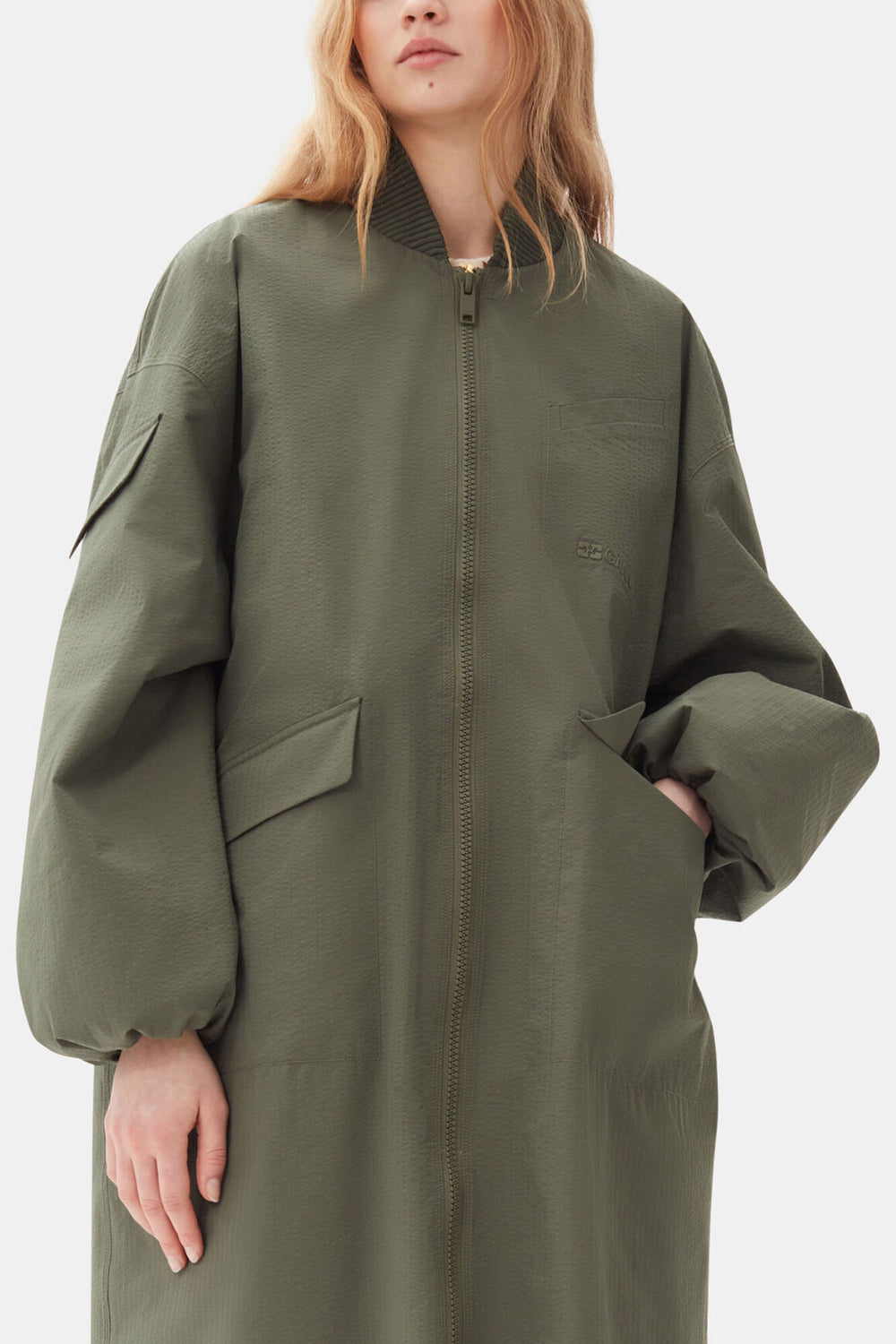 GANNI Outlet Green Tech Seersucker Oversized Shell Coat