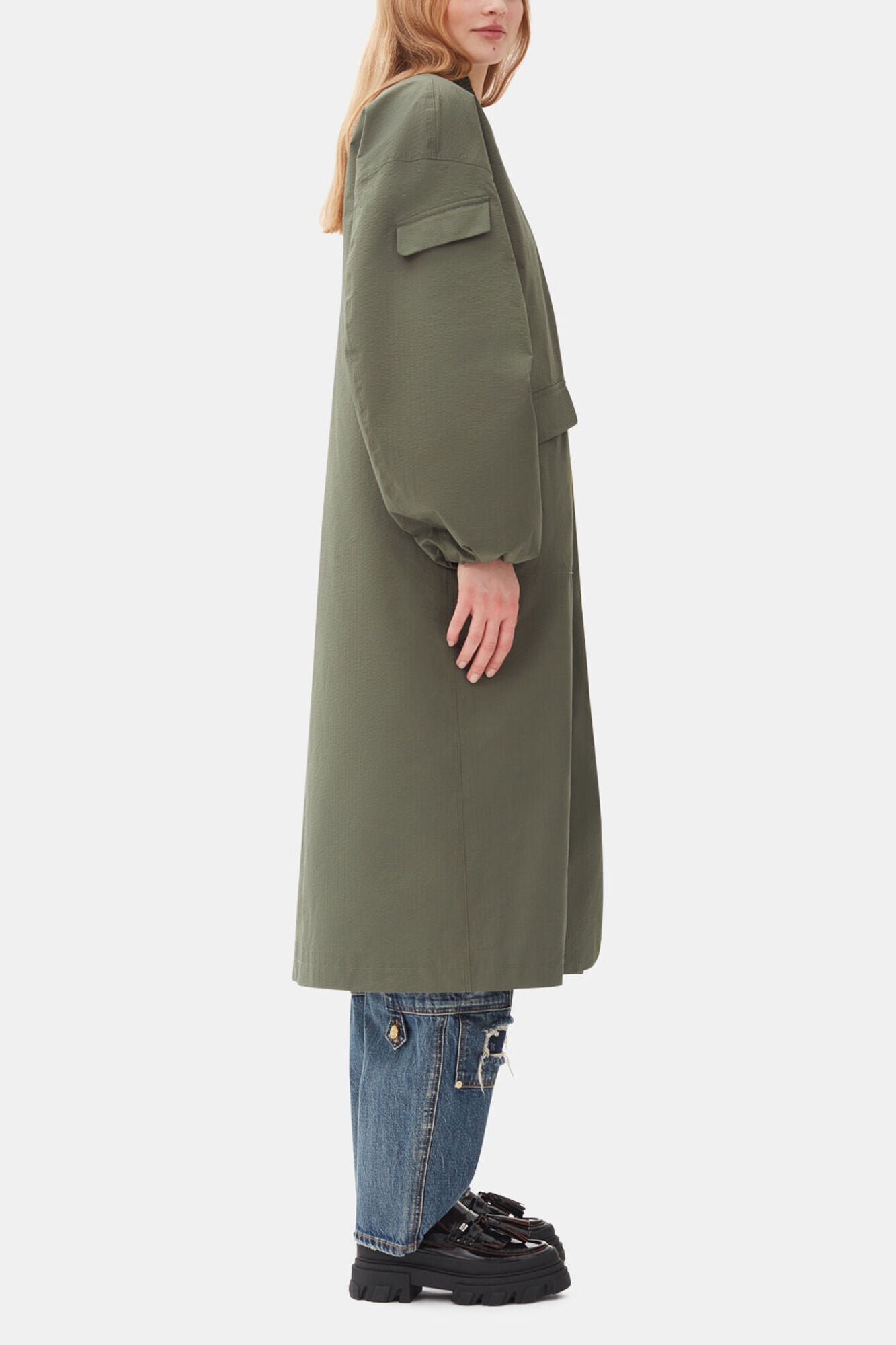 GANNI Outlet Green Tech Seersucker Oversized Shell Coat