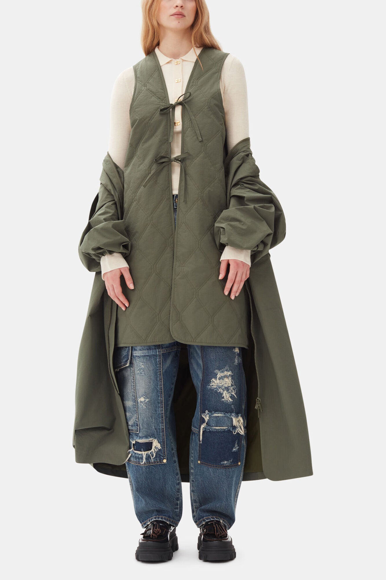GANNI Outlet Green Tech Seersucker Oversized Shell Coat