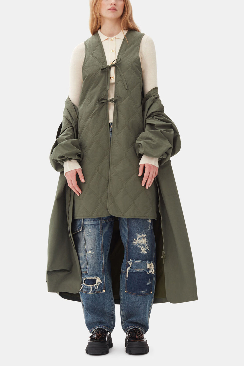 GANNI Outlet Green Tech Seersucker Oversized Shell Coat