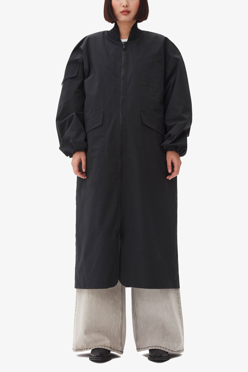 GANNI Hot Sale Black Tech Seersucker Oversized Shell Coat