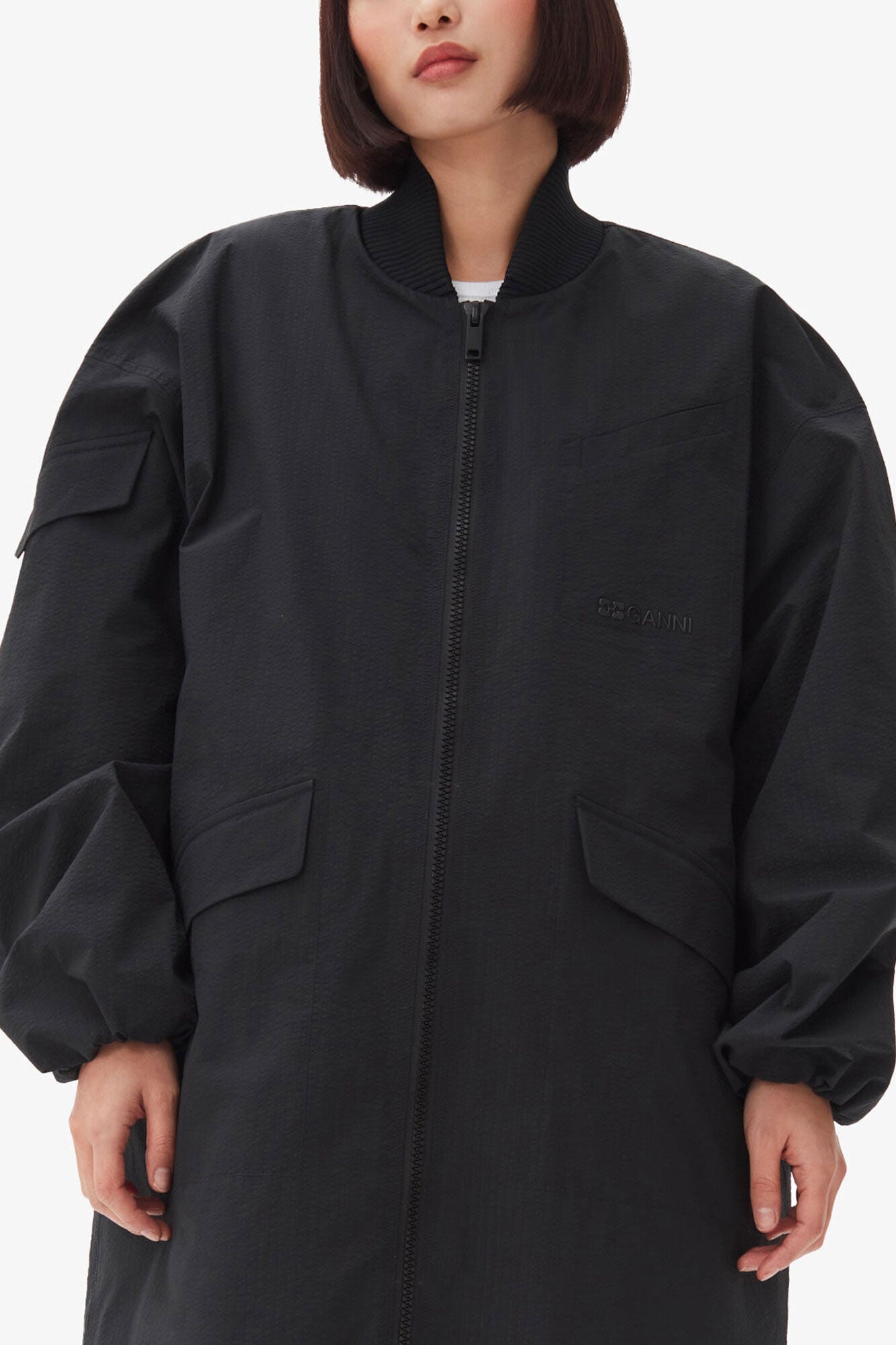 GANNI Hot Sale Black Tech Seersucker Oversized Shell Coat