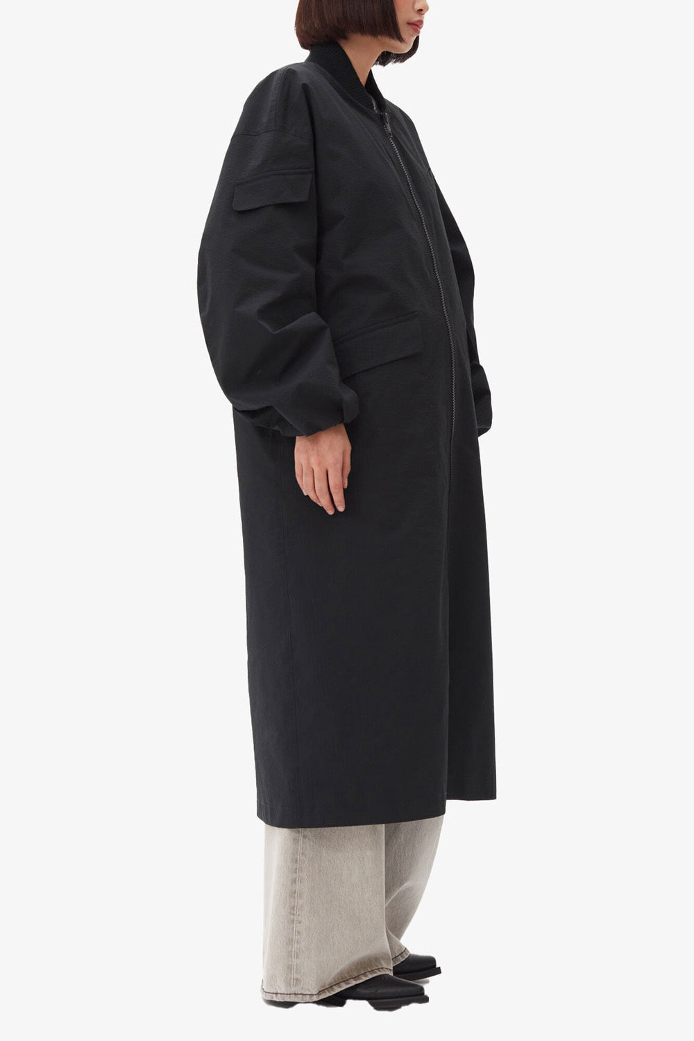 GANNI Hot Sale Black Tech Seersucker Oversized Shell Coat