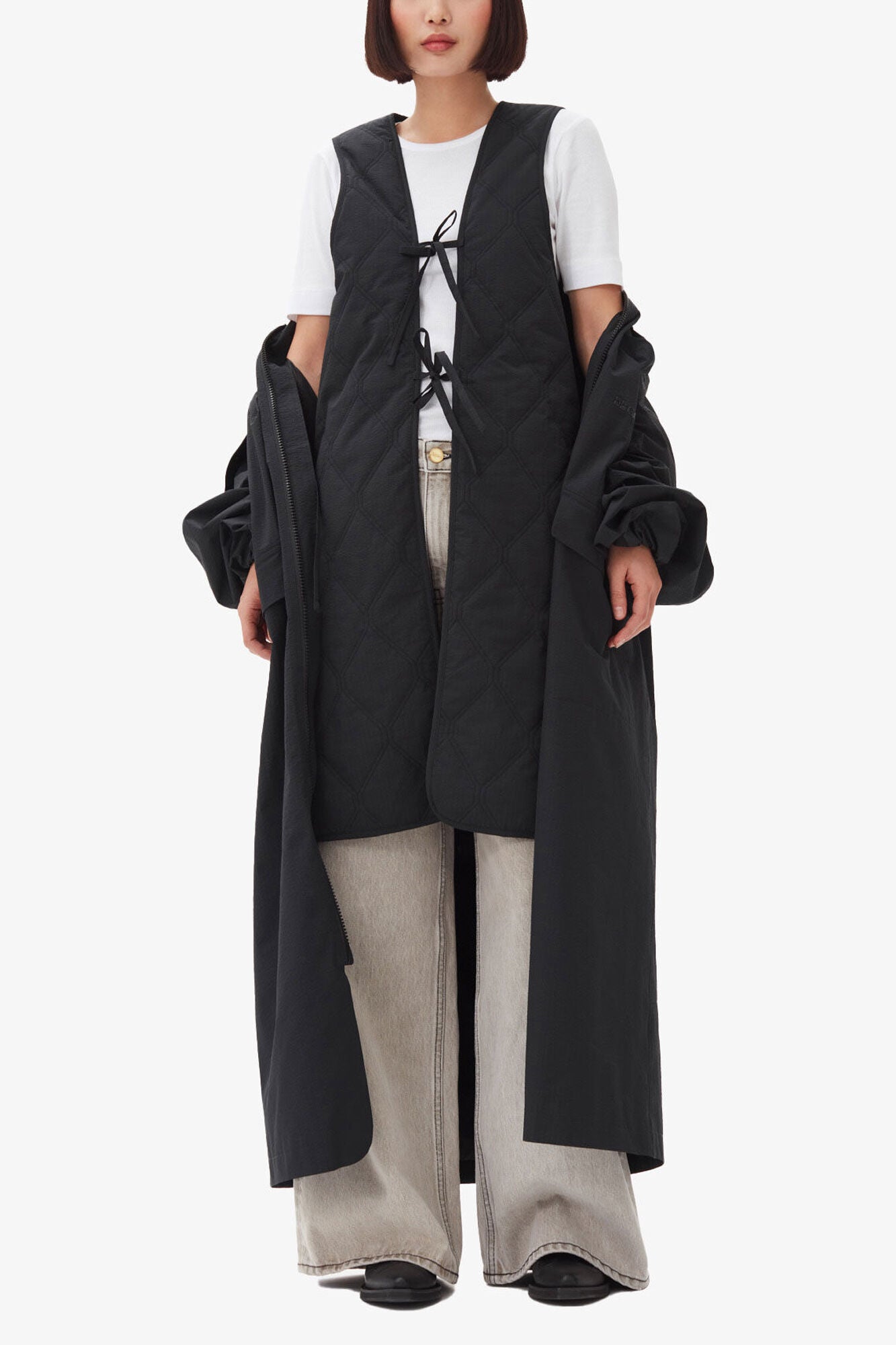 GANNI Hot Sale Black Tech Seersucker Oversized Shell Coat