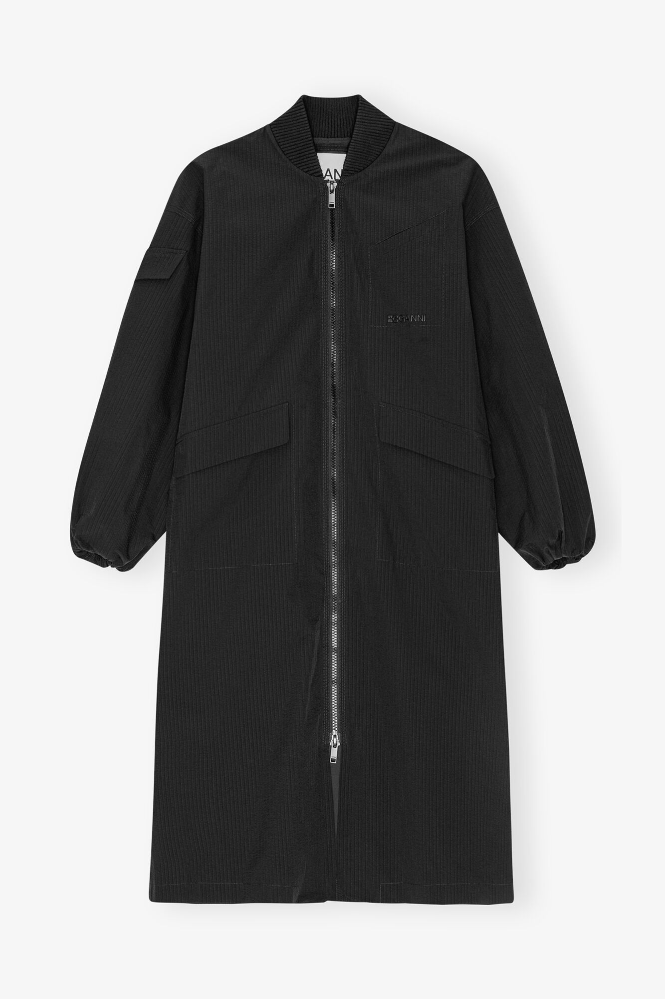 GANNI Hot Sale Black Tech Seersucker Oversized Shell Coat