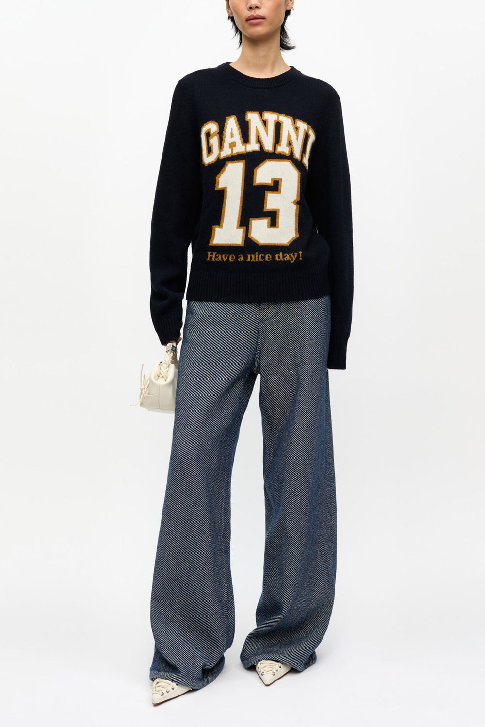 GANNI Discount Dark Blue Graphic Wool Mix Baseball Sweater