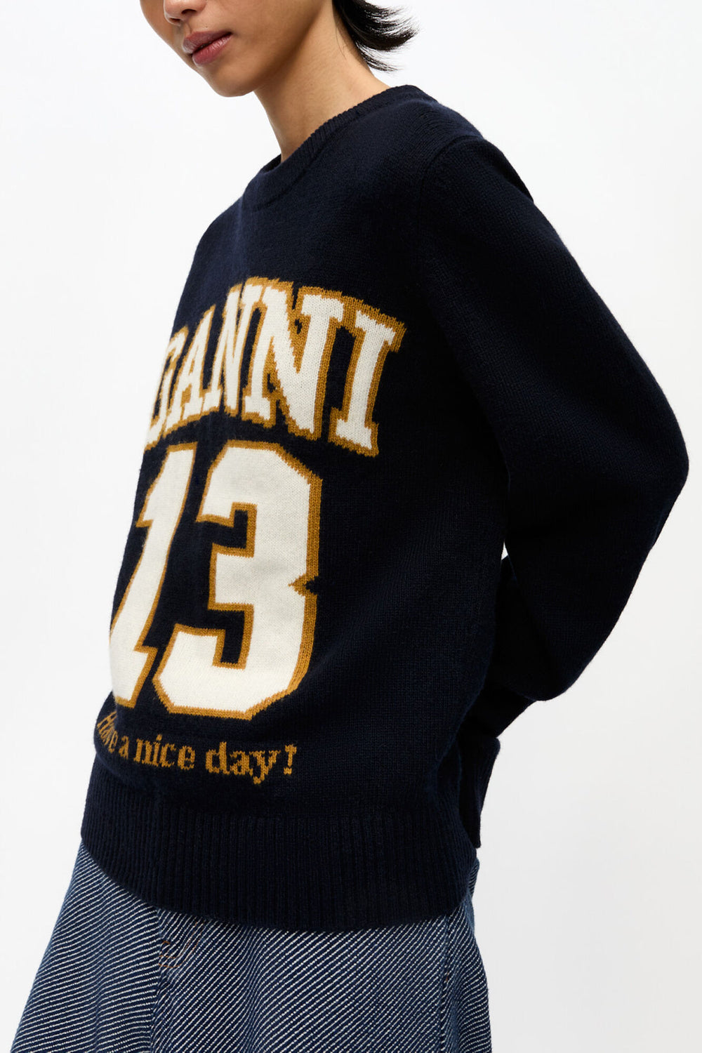 GANNI Discount Dark Blue Graphic Wool Mix Baseball Sweater