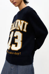 GANNI Discount Dark Blue Graphic Wool Mix Baseball Sweater