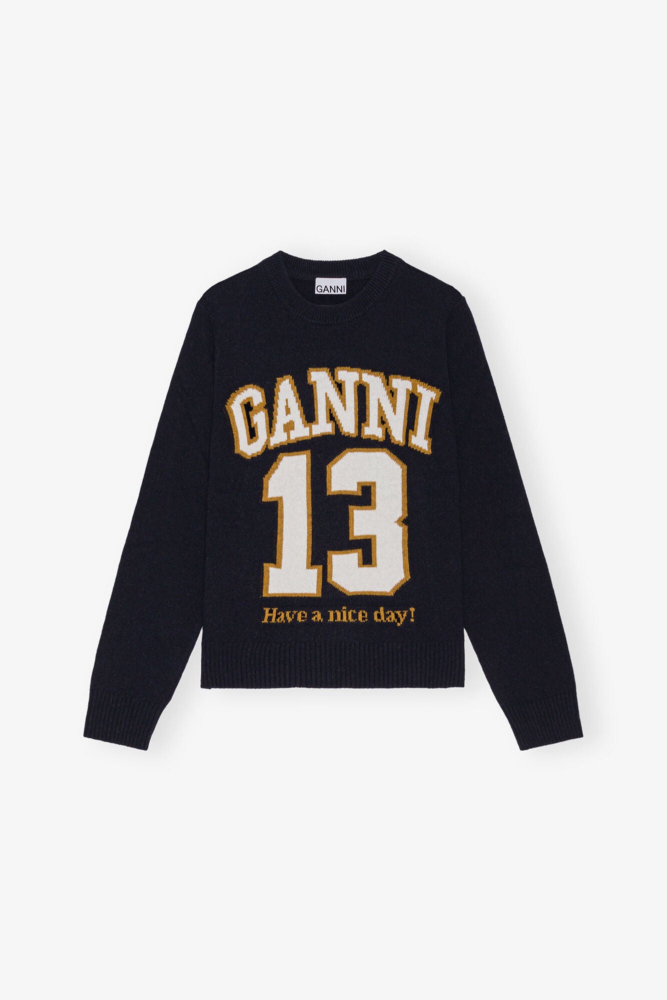 GANNI Discount Dark Blue Graphic Wool Mix Baseball Sweater