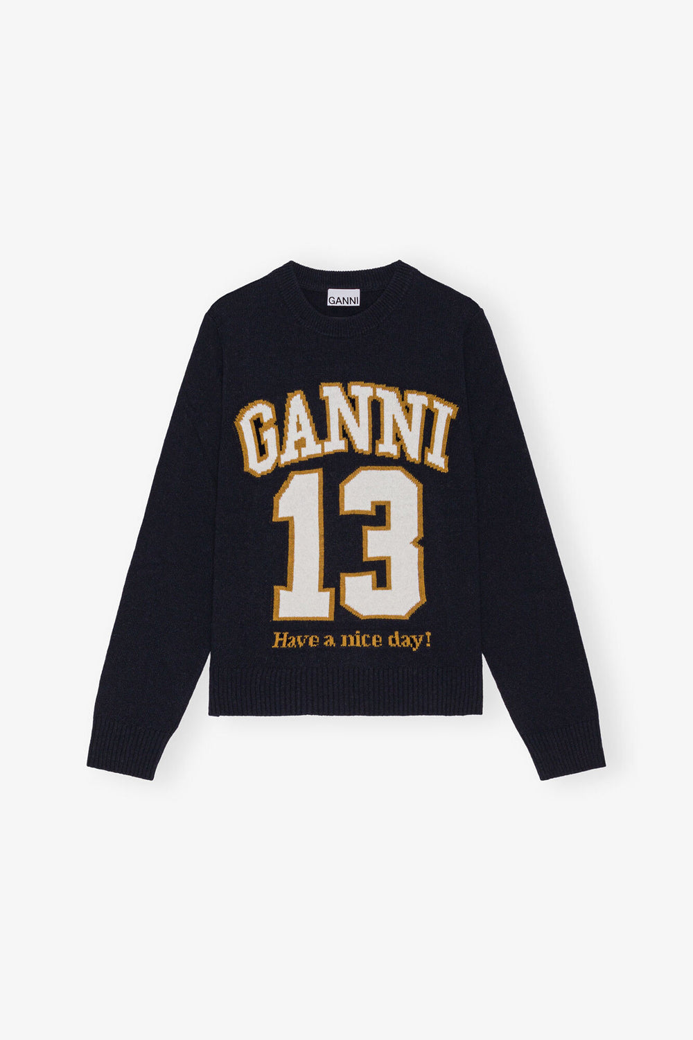 GANNI Discount Dark Blue Graphic Wool Mix Baseball Sweater