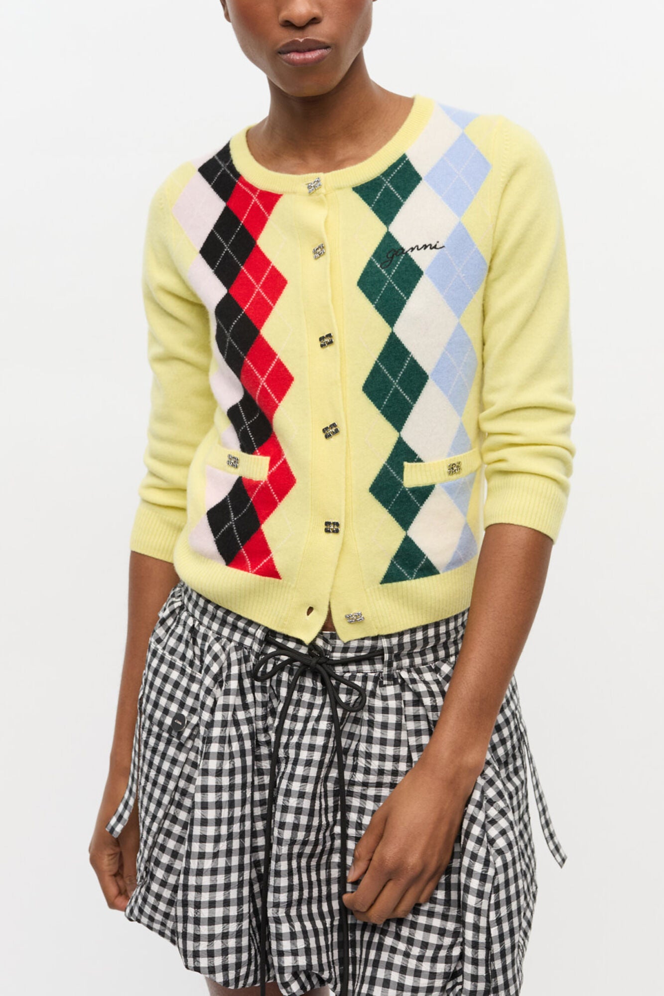 GANNI On Sale Yellow Check Cardigan