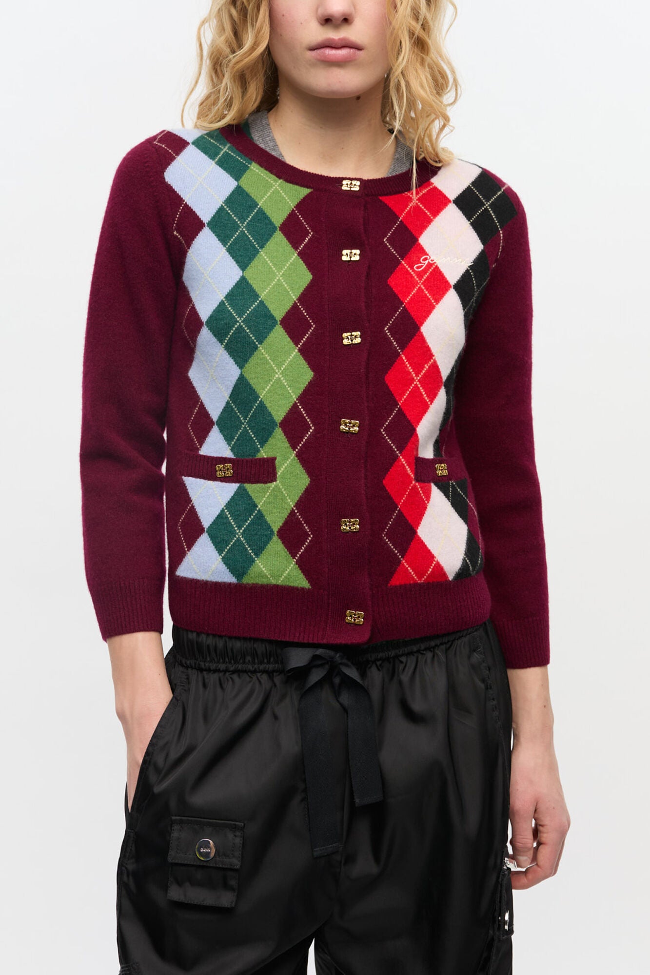 GANNI For Sale Burgundy Check Cardigan