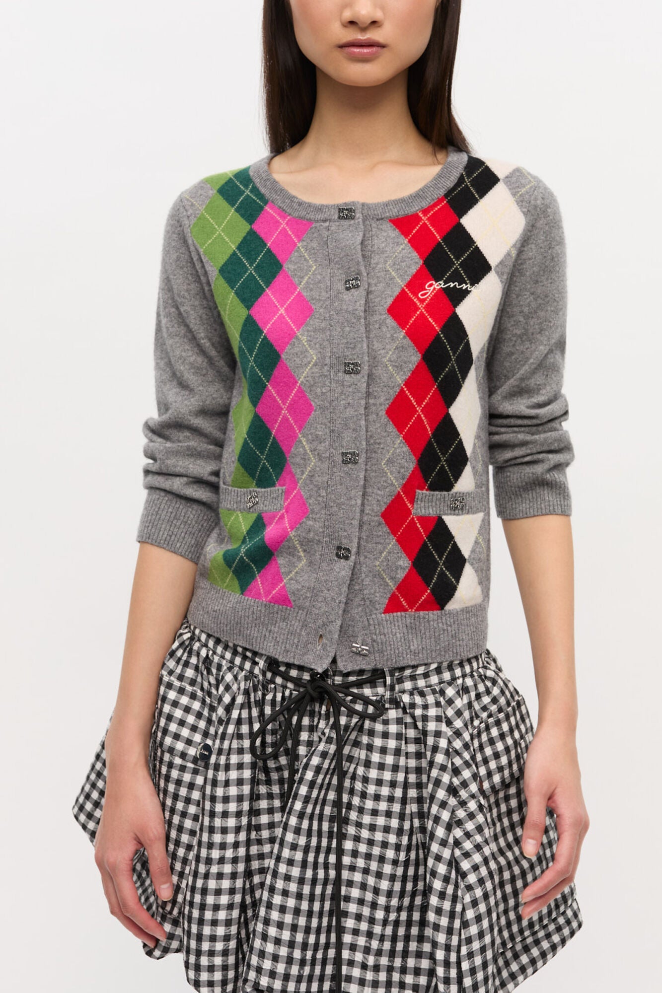 GANNI Outlet Grey Check Cardigan