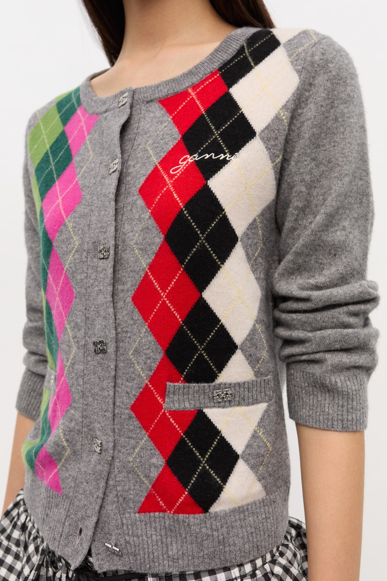 GANNI Outlet Grey Check Cardigan