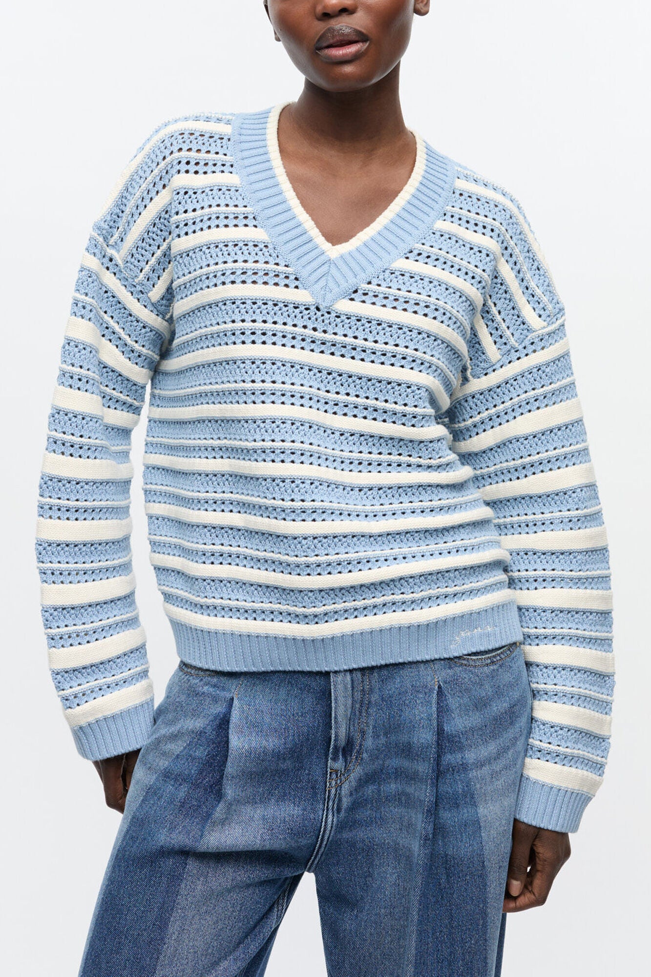 GANNI Hot Sale Blue Striped Cotton V-neck Sweater