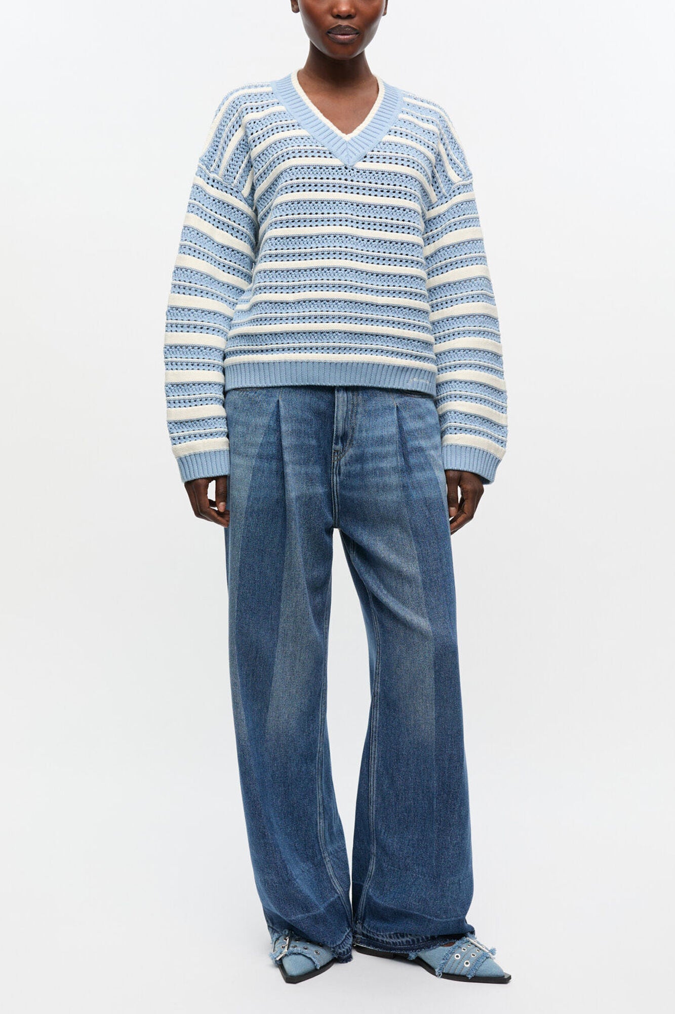 GANNI Hot Sale Blue Striped Cotton V-neck Sweater