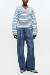 GANNI Hot Sale Blue Striped Cotton V-neck Sweater