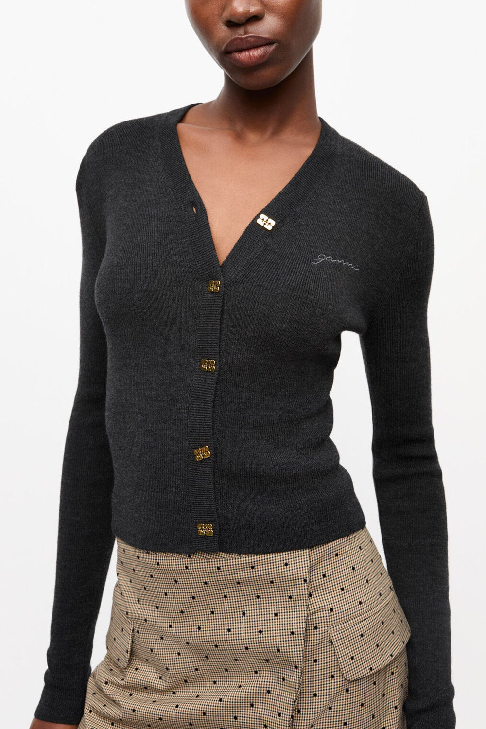 GANNI Discount Black Mini Ribbed Merino Cardigan