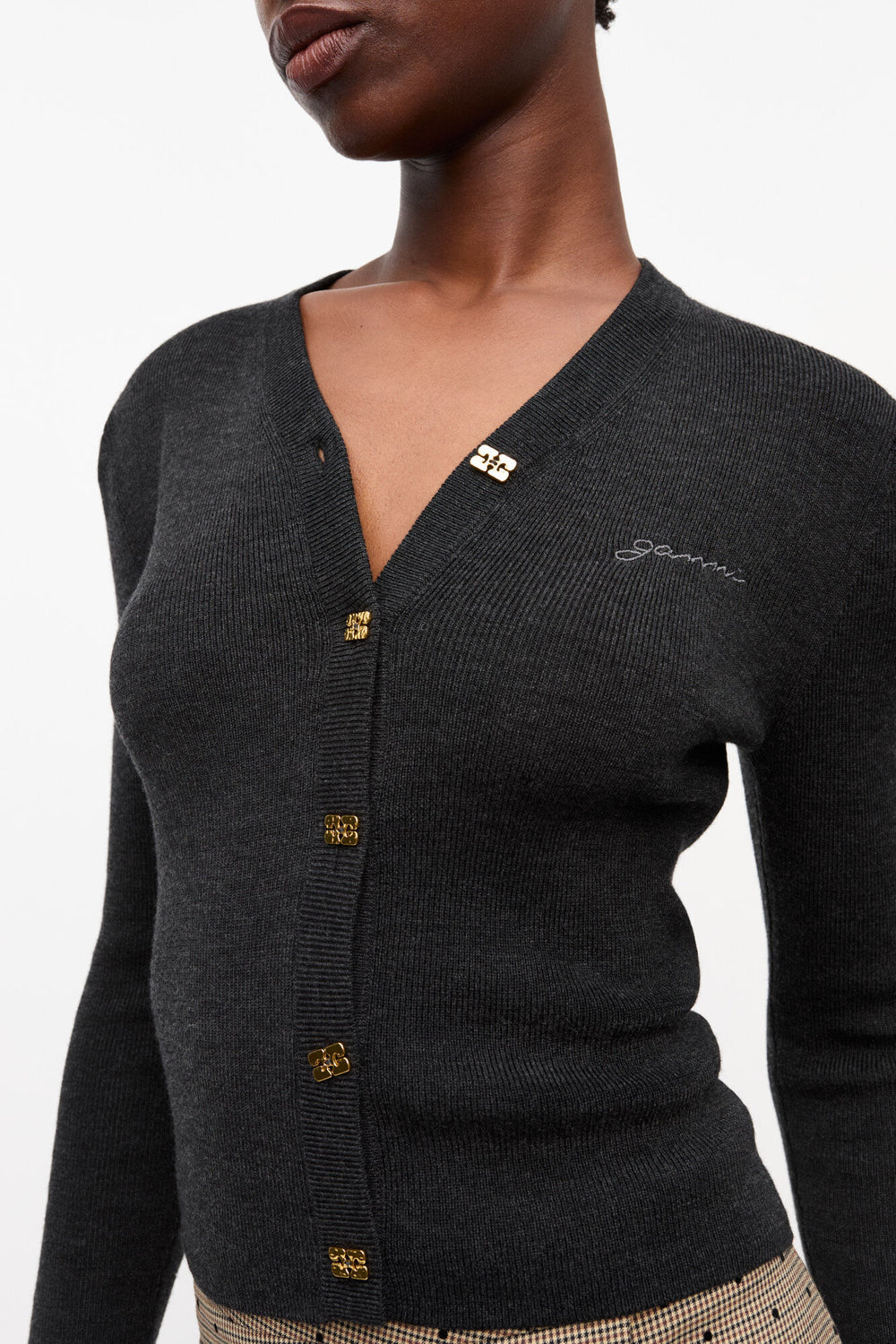 GANNI Discount Black Mini Ribbed Merino Cardigan