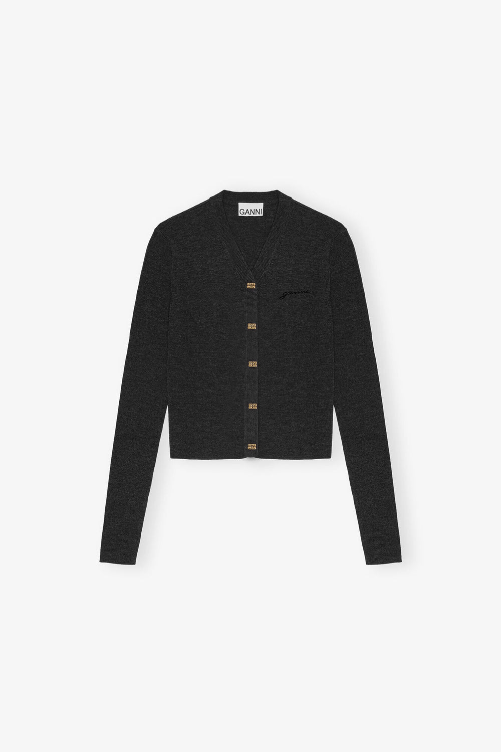 GANNI Discount Black Mini Ribbed Merino Cardigan