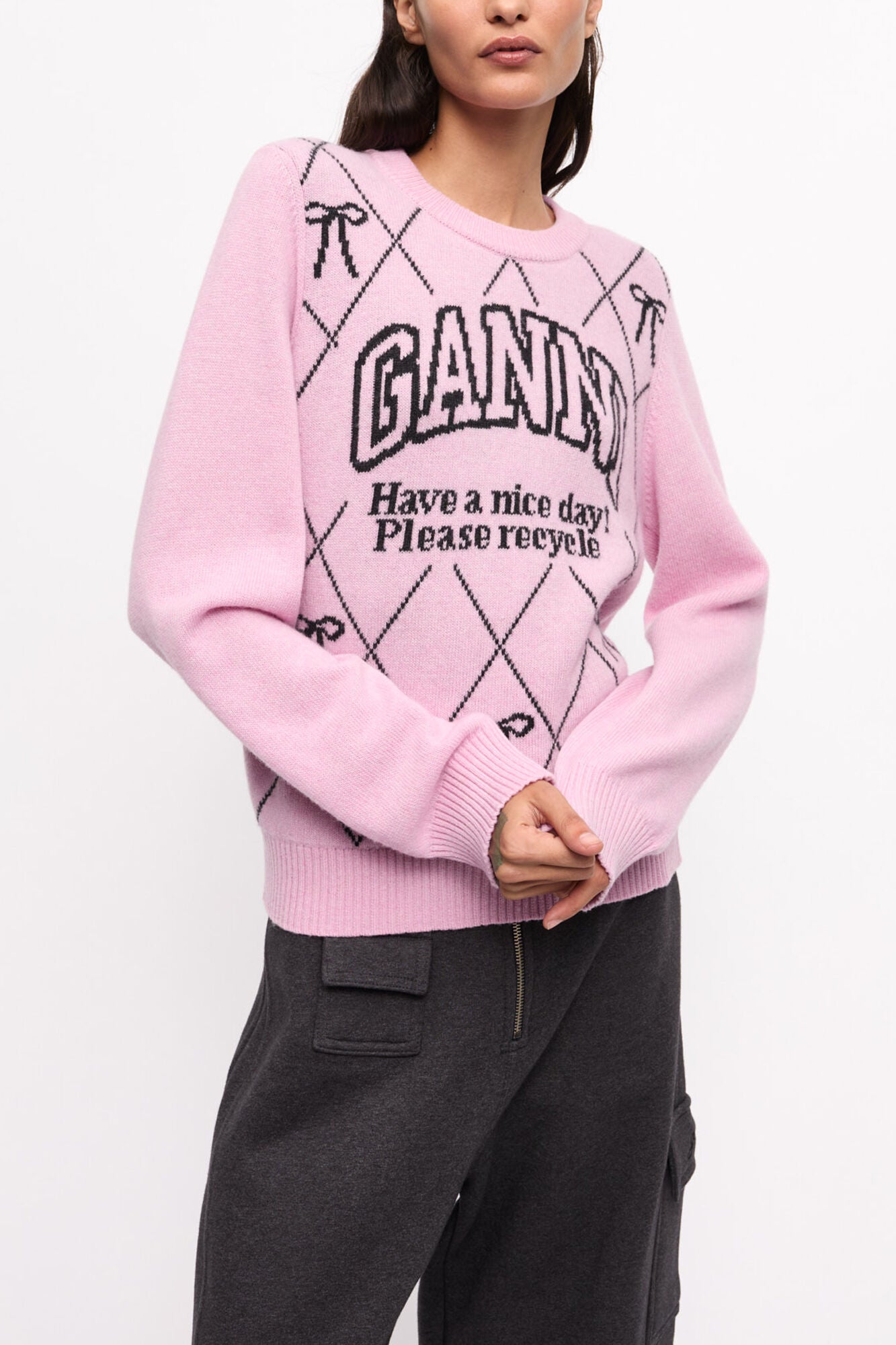 GANNI On Sale Pink Graphic Bow Sweater