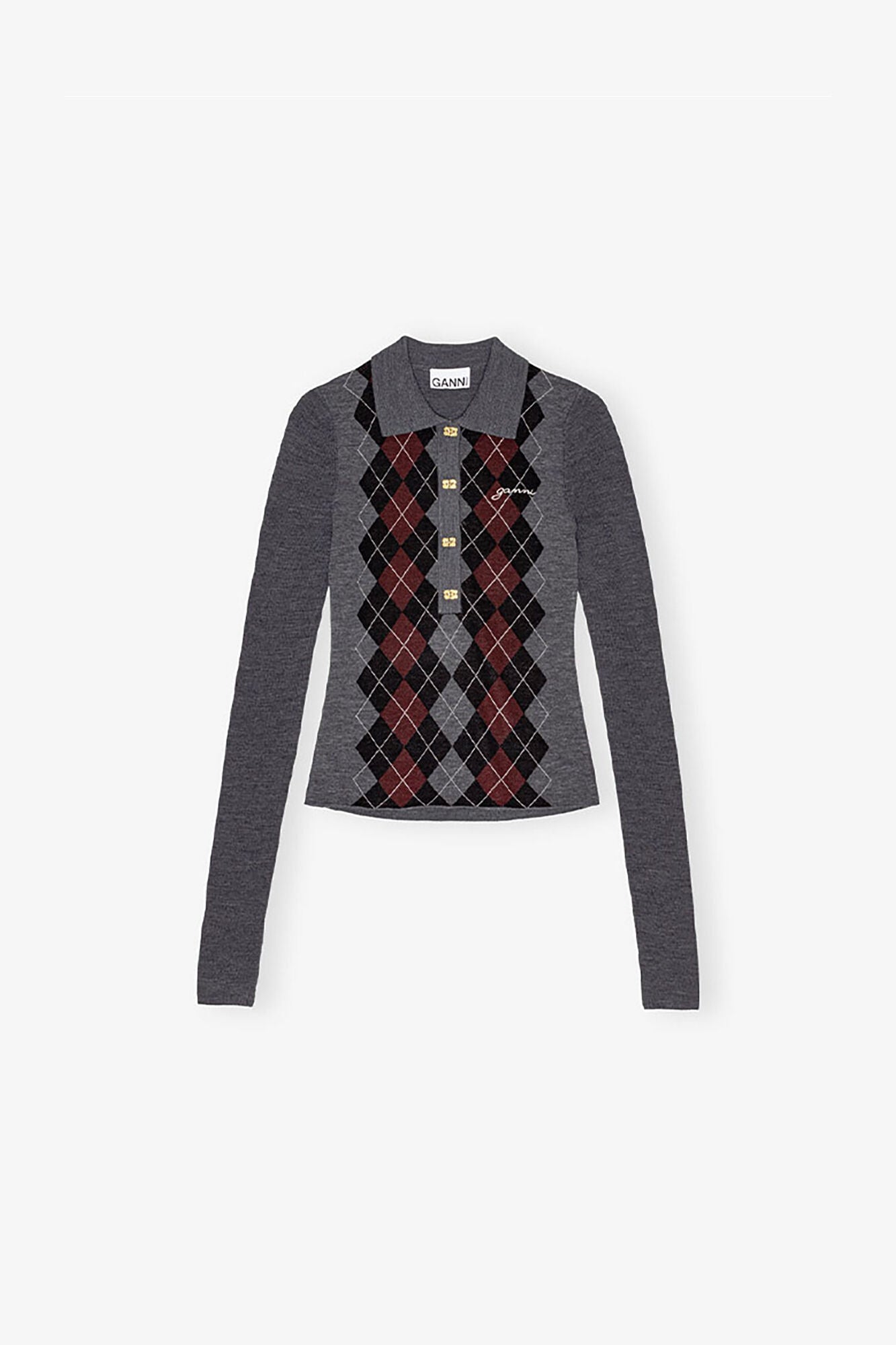 GANNI Online Grey Knitted Polo Shirt
