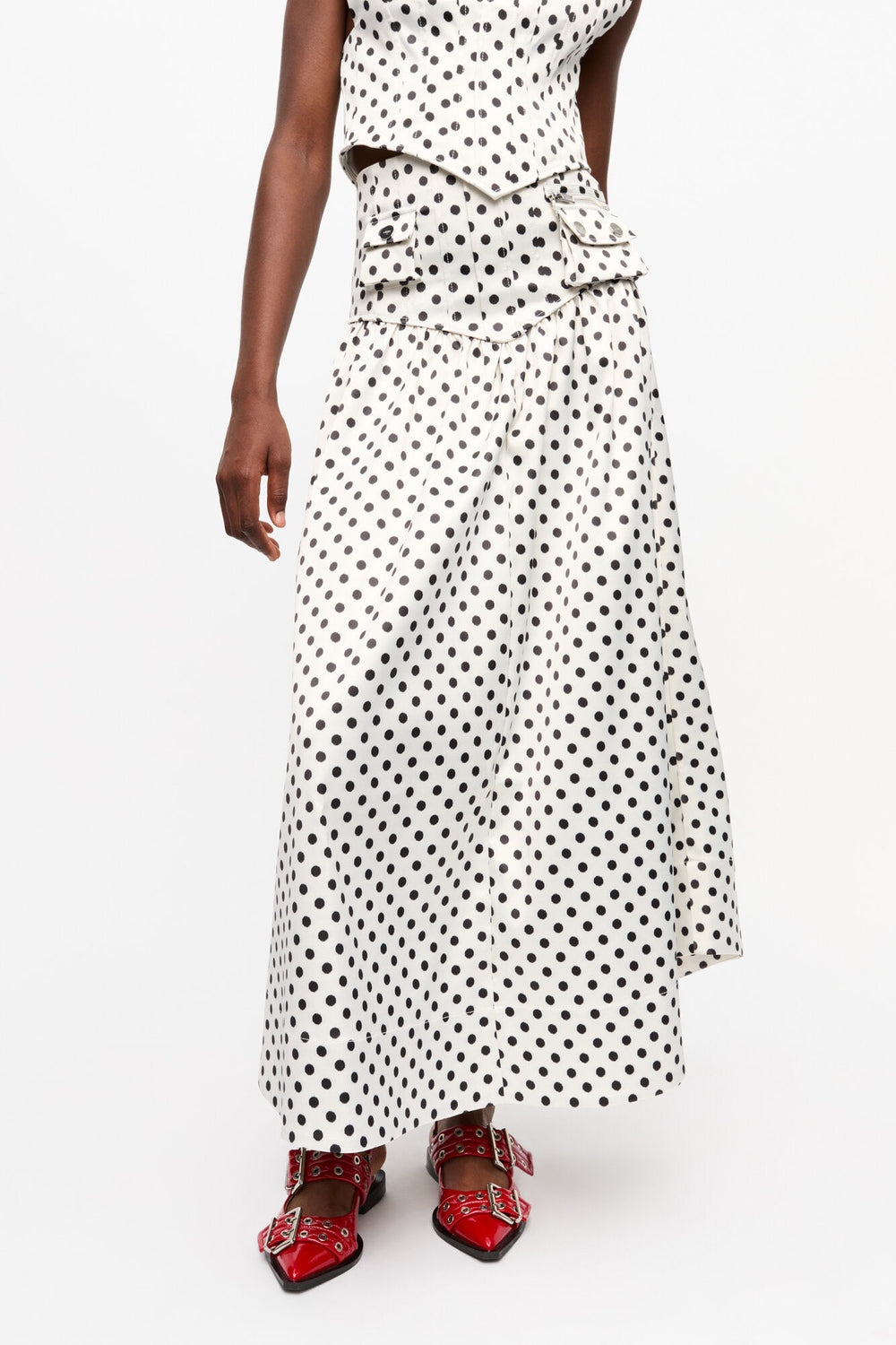 GANNI On Sale Polka-dot Double Satin Long Pocket Skirt