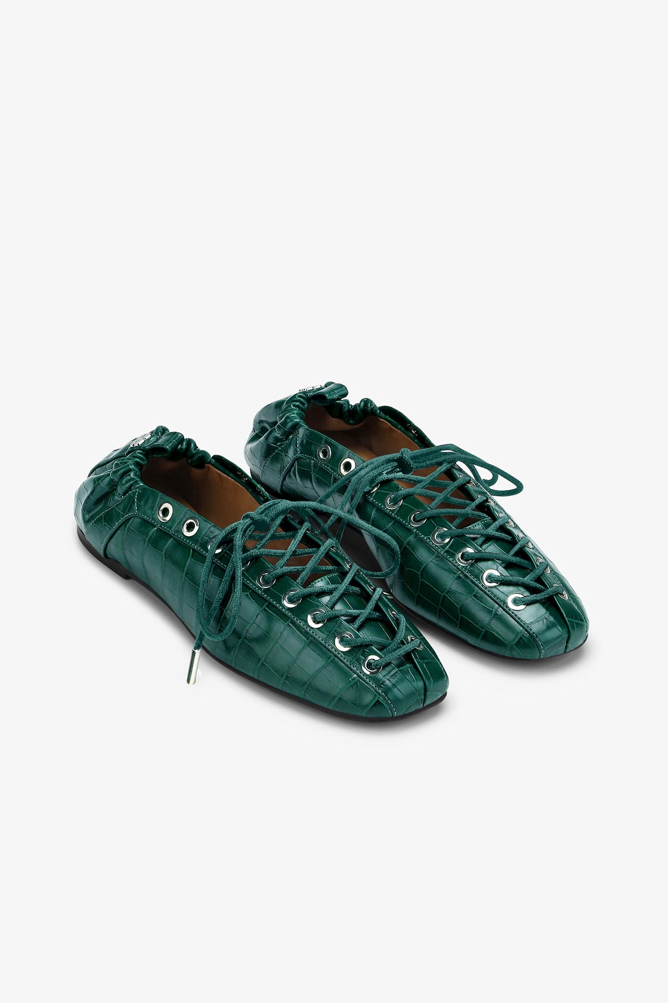 GANNI Online Lace-Up Ballerinas in Green Croco