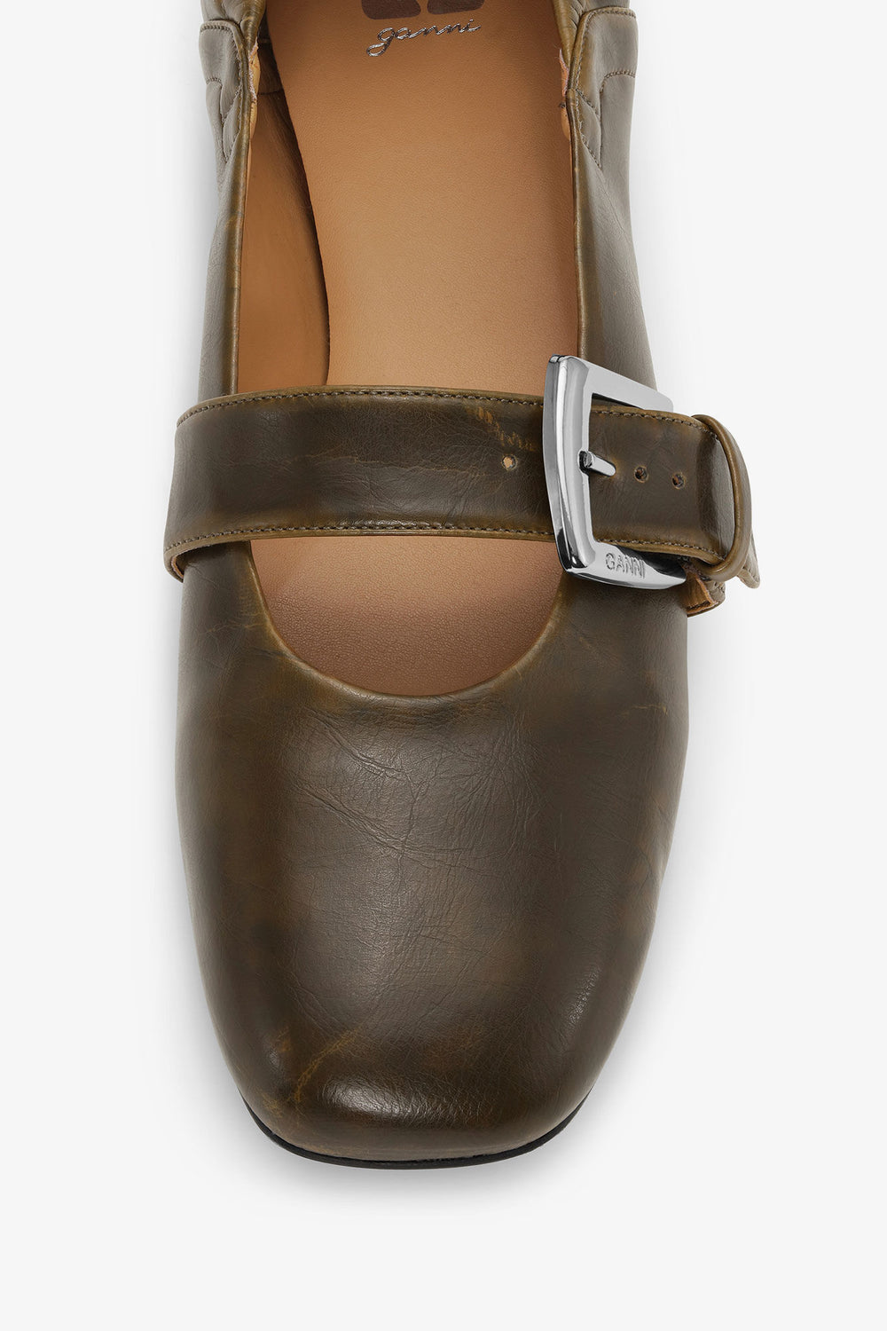 GANNI For Sale Buckle Strap Ballerinas in Dark-Olive