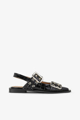 GANNI Discount Feminine Buckle Ballerinas in Black Croco Patent