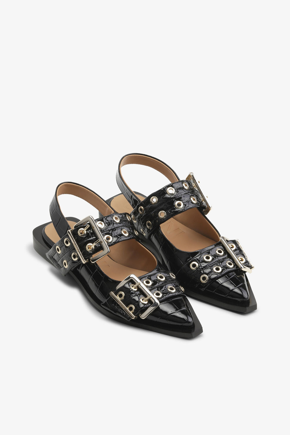 GANNI Discount Feminine Buckle Ballerinas in Black Croco Patent