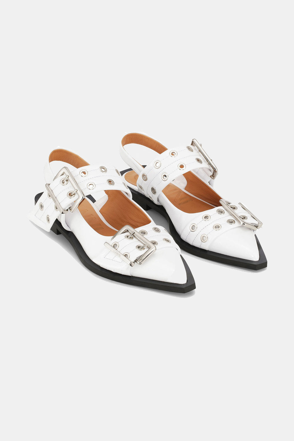GANNI Outlet White Wide Welt Buckle Ballerinas