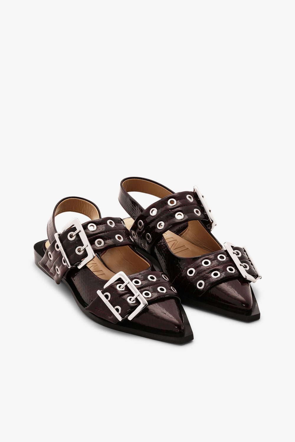 GANNI Hot Sale Feminine Buckle Ballerinas in Snake Burgundy