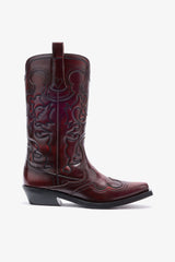 GANNI New Mid Shaft Embroidered Western Boots in Burgundy