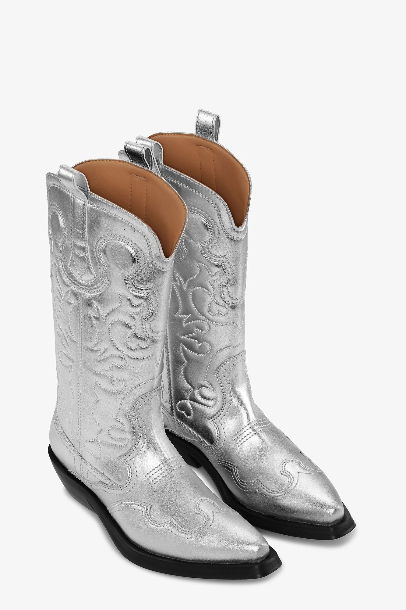 GANNI Sale Silver Mid Shaft Embroidered Western Boots