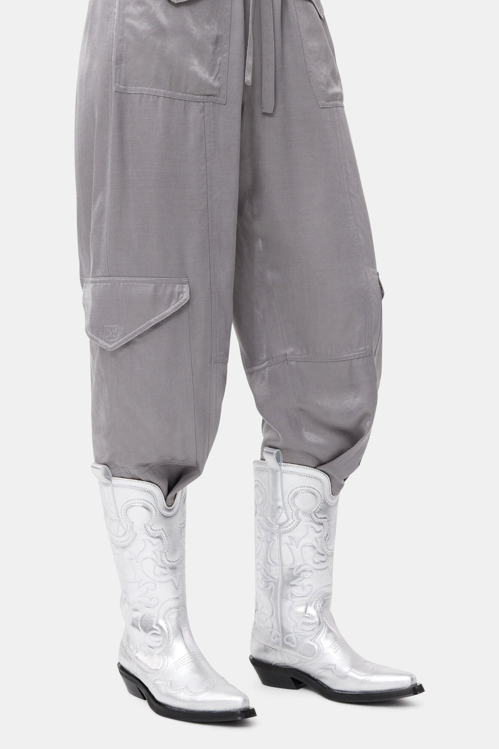 GANNI Sale Silver Mid Shaft Embroidered Western Boots