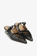 GANNI Outlet Lace-Up Mules in Black Oleatex