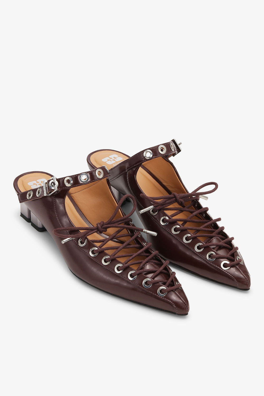 GANNI New Lace-Up Mules in Brown Oleatex