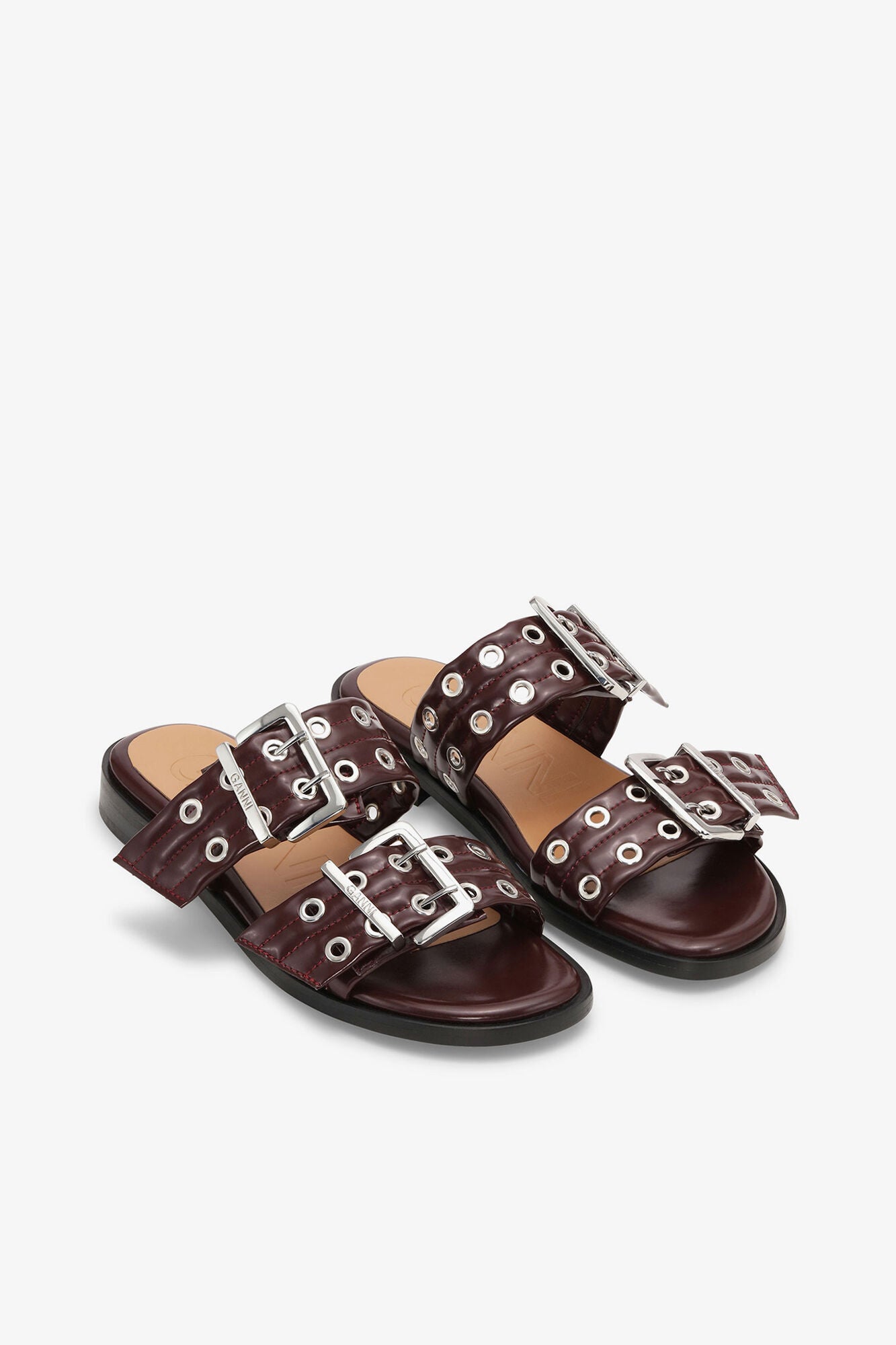 GANNI Hot Sale Feminine Buckle Two-Strap Sandals in Burgundy