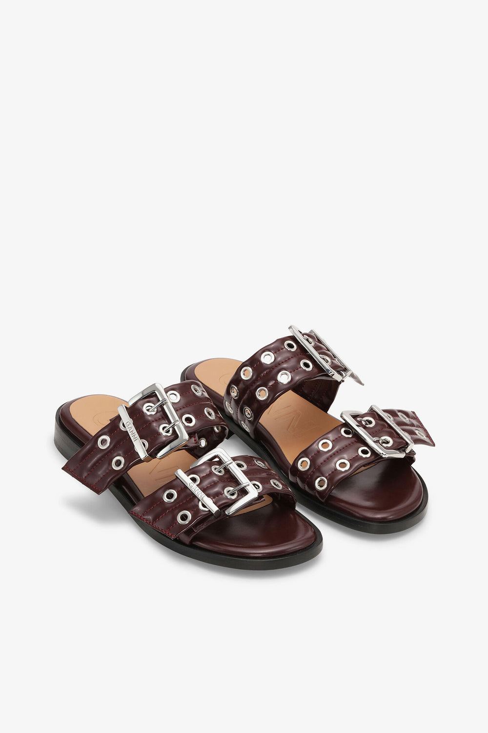 GANNI Hot Sale Feminine Buckle Two-Strap Sandals in Burgundy